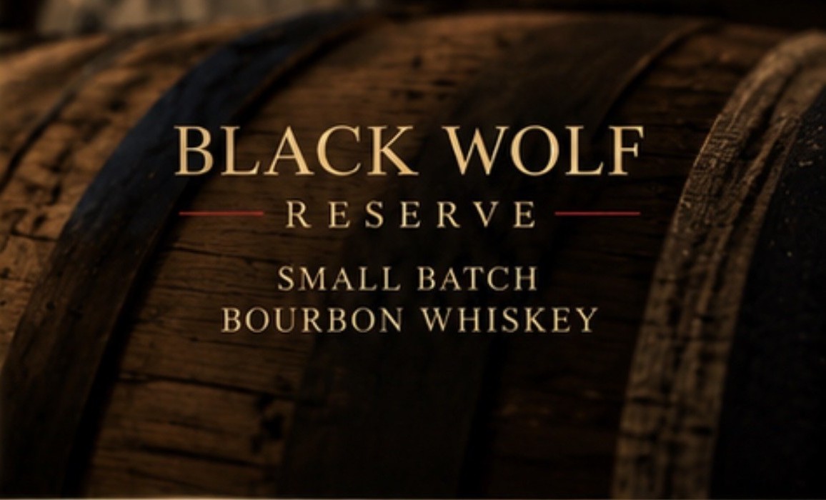 Black Wolf Reserve branding on an aging bourbon barrel