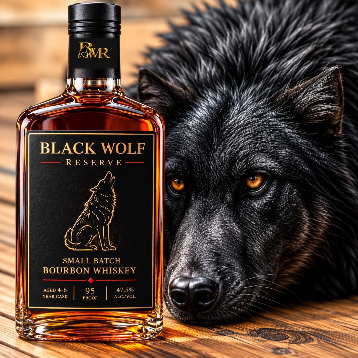 Black Wolf Reserve bourbon bottle beside a black wolf